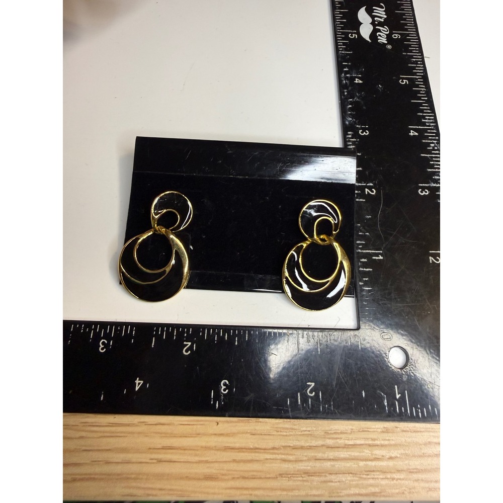 Gold Tone Black Enamel Tiered Hoop Drop Earrings Geometric Statement Dangle